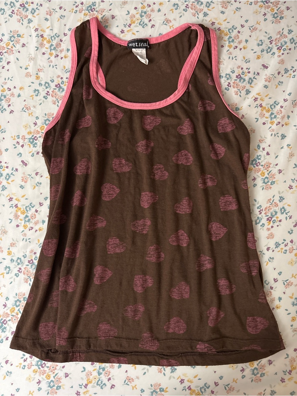 Wet Seal Brown Tank with Pink Heart Print